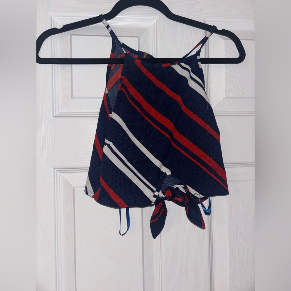 Striped Tie-Front Halter Crop Top Navy Red White Size S (Duets)
